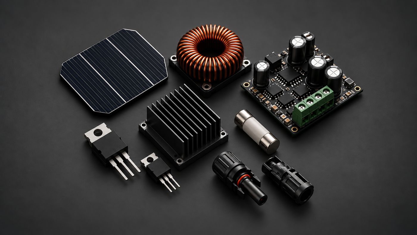 Solar components on a dark surface: cell, inductor, circuit board, heatsink, fuse and connectors