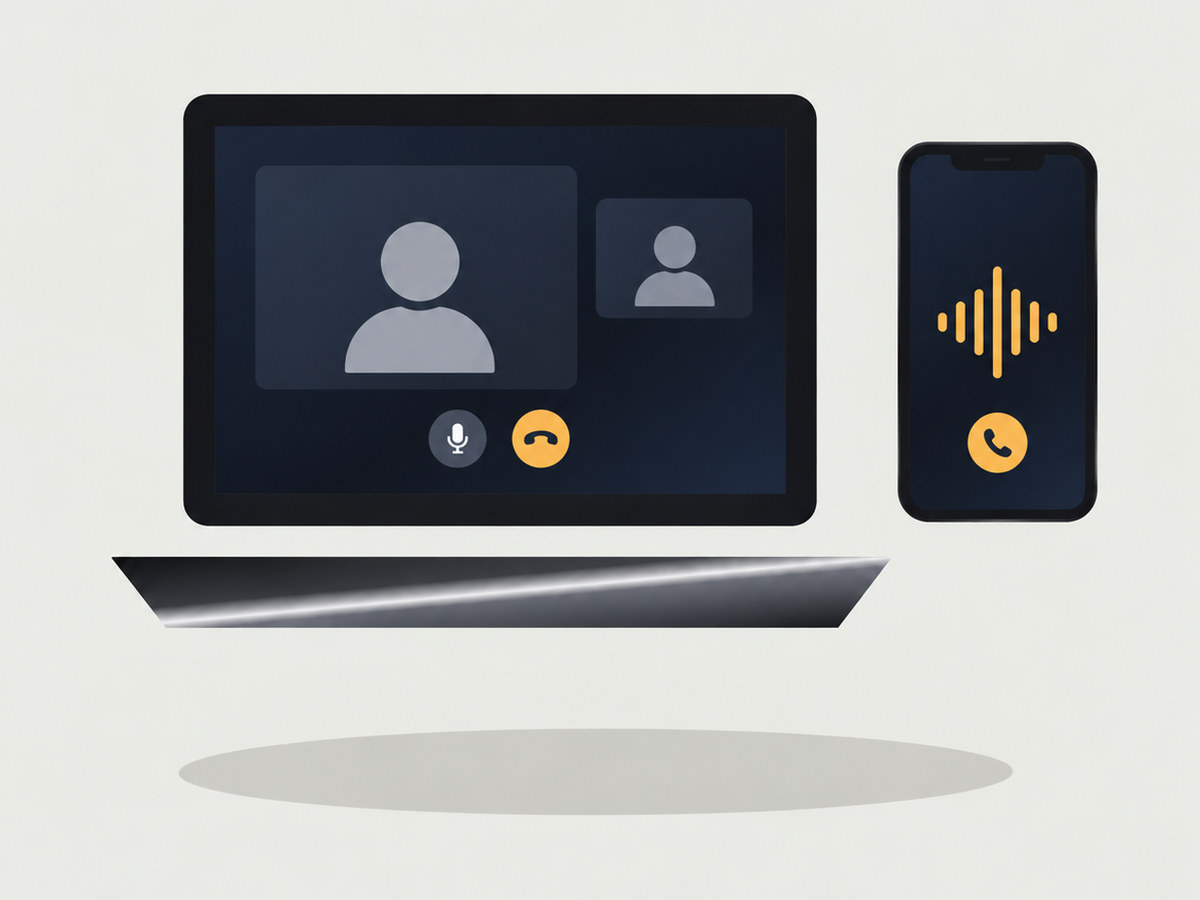 Floating monitor on a video call next to a phone on a voice call